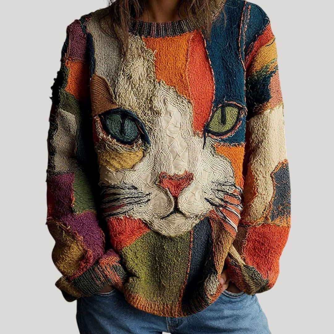 Women's Colourblock Cat Print Relaxed-Fit Knitted Jumper - Multicolour