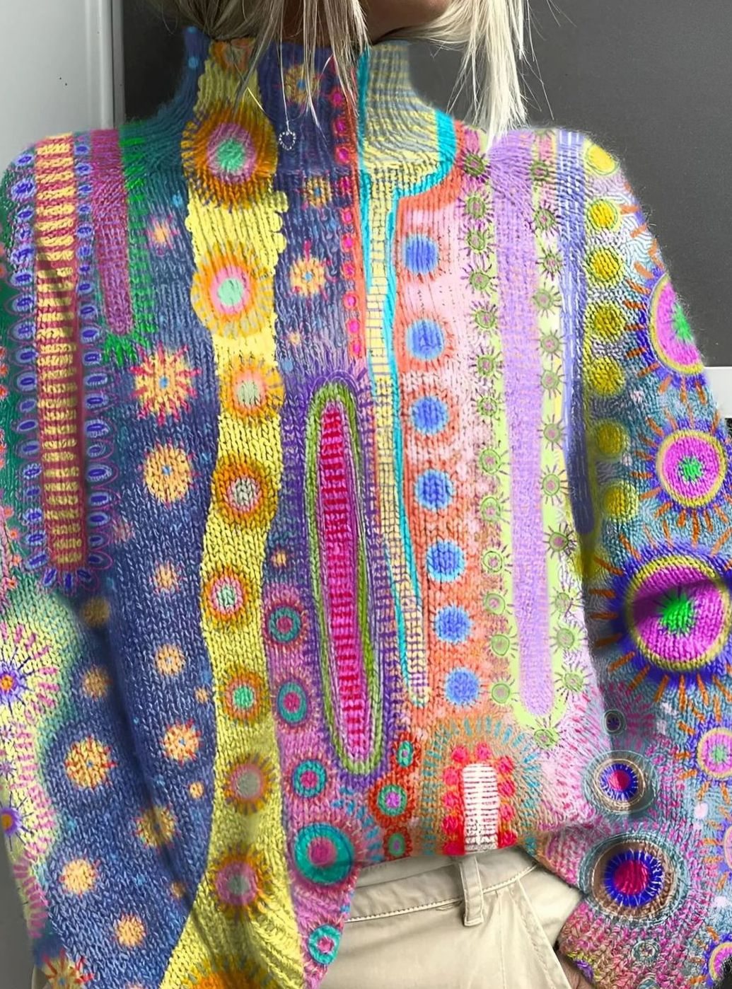 Women's Colourful Abstract Turtleneck Knitted Jumper