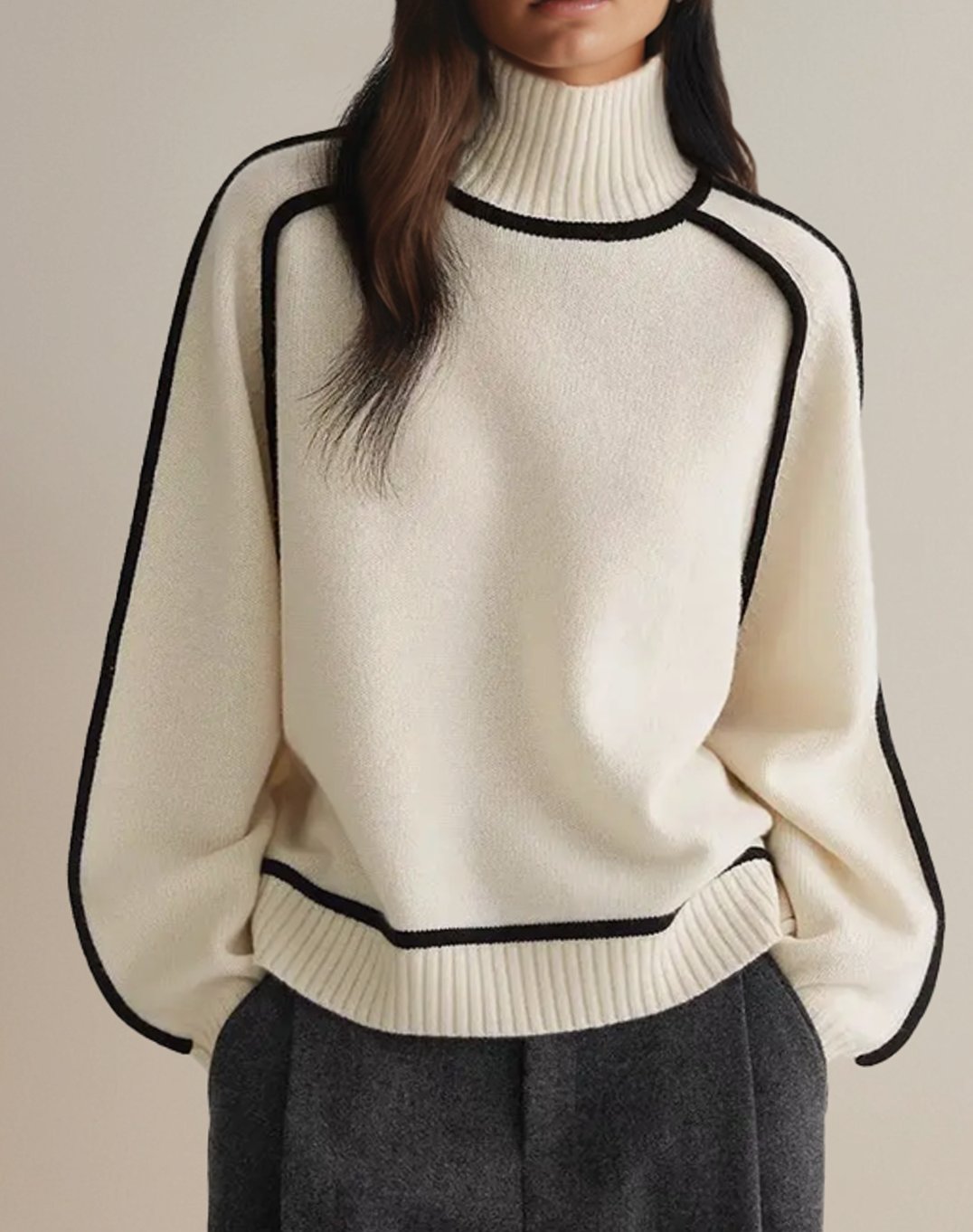 Women's Contrast-Trim Oversized Turtleneck Jumper - White