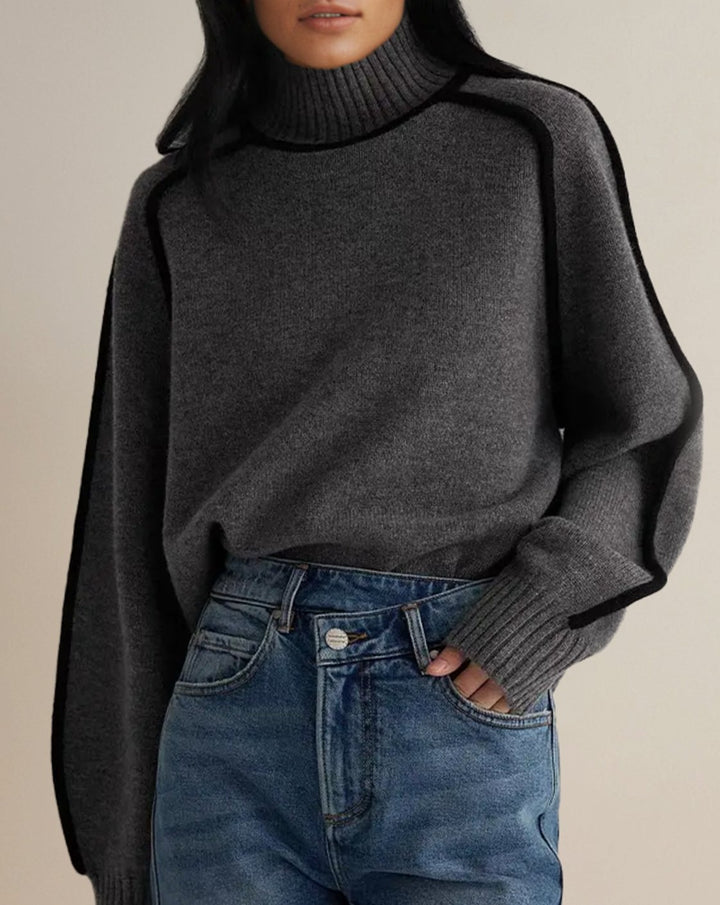 Women's Contrast-Trim Oversized Turtleneck Jumper - Grey
