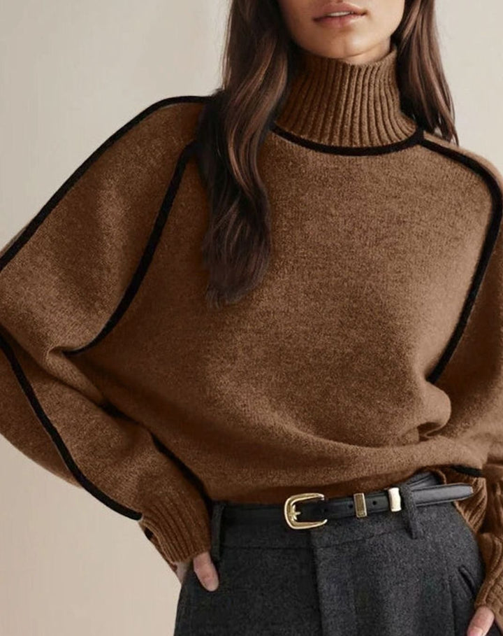 Women's Contrast-Trim Oversized Turtleneck Jumper - Brown