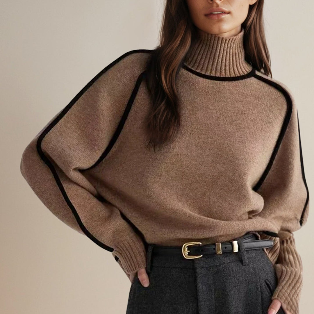 Women's Contrast-Trim Turtleneck Jumper Relaxed Fit Knit - Brown