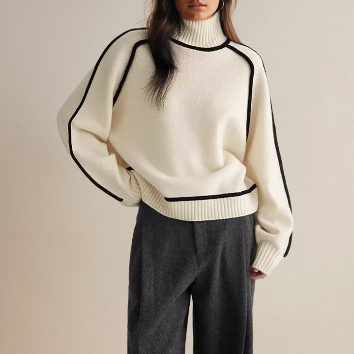 Women's Contrast-Trim Turtleneck Jumper Relaxed Fit Knit