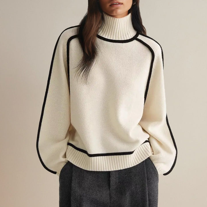Women's Contrast-Trim Turtleneck Jumper Relaxed Fit Knit - White