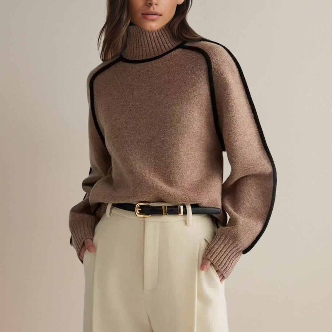 Women's Contrast-Trim Turtleneck Jumper Relaxed Fit Knit