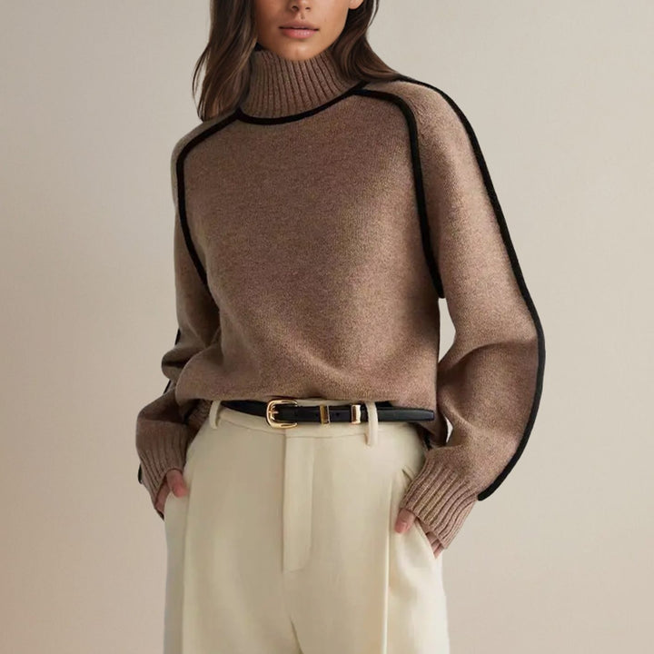 Women's Contrast-Trim Turtleneck Jumper Relaxed Fit Knit