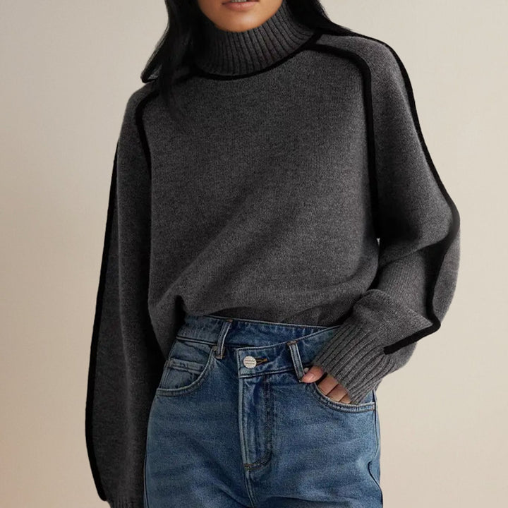 Women's Contrast-Trim Turtleneck Jumper Relaxed Fit Knit - Grey
