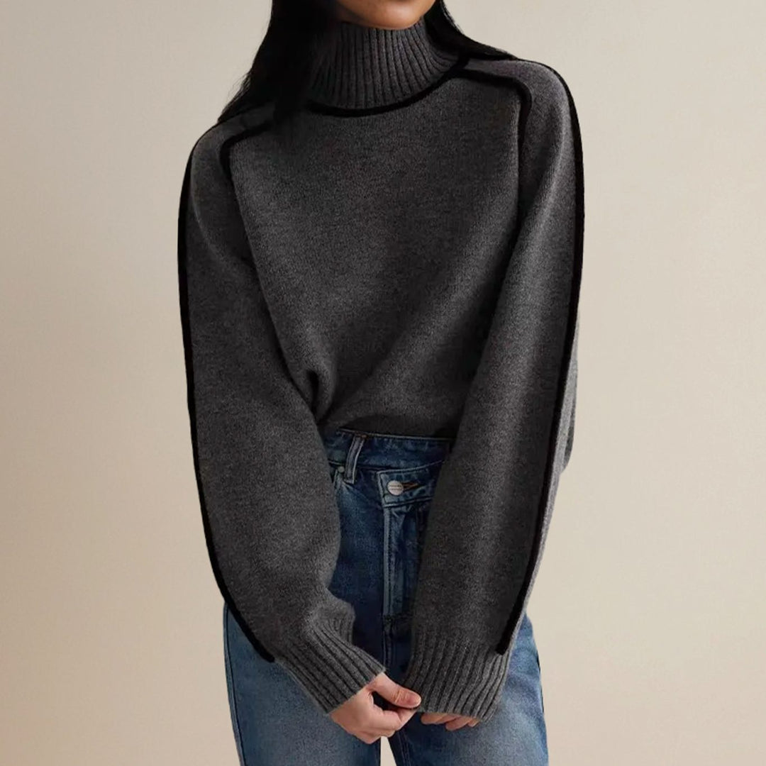 Women's Contrast-Trim Turtleneck Jumper Relaxed Fit Knit