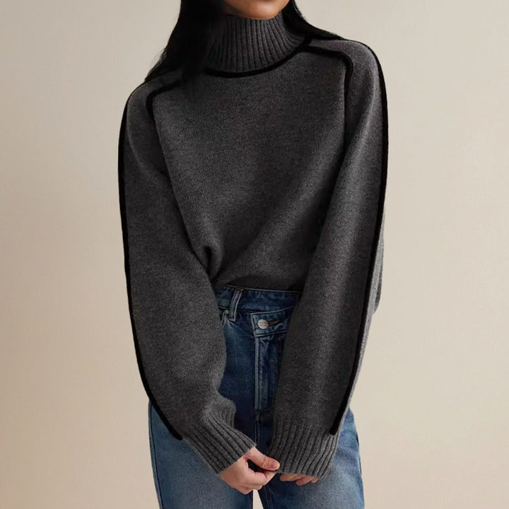 Women's Contrast-Trim Turtleneck Jumper Relaxed Fit Knit