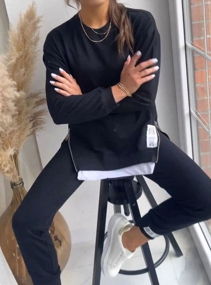 Women's Cotton-Blend Side-Zip Two-Piece Sweatshirt Jogger Set - Black