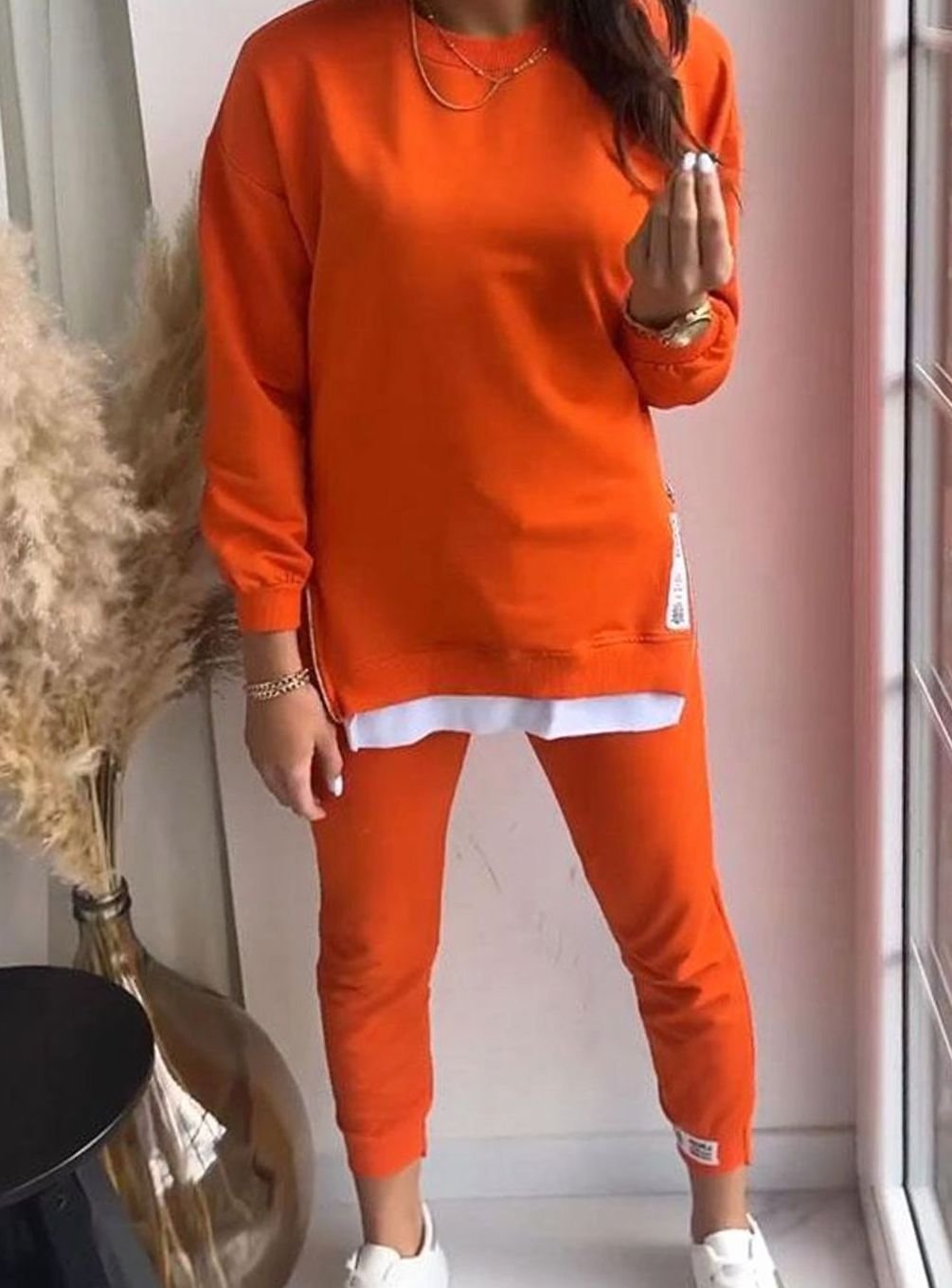 Women's Cotton-Blend Side-Zip Two-Piece Sweatshirt Jogger Set - Orange