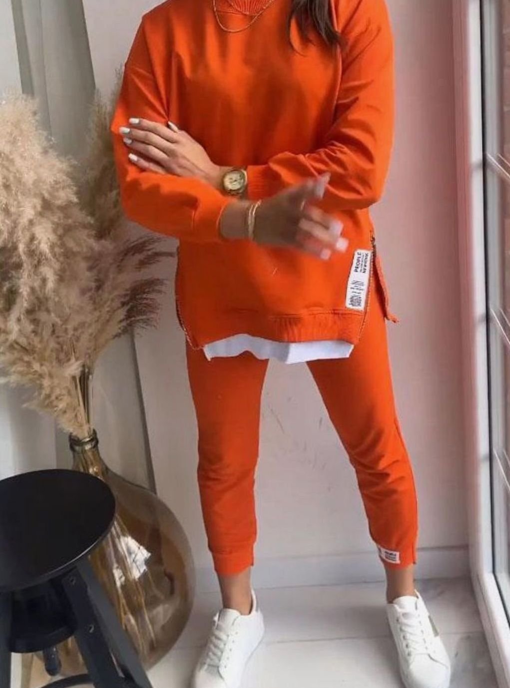 Women's Cotton-Blend Side-Zip Two-Piece Sweatshirt Jogger Set
