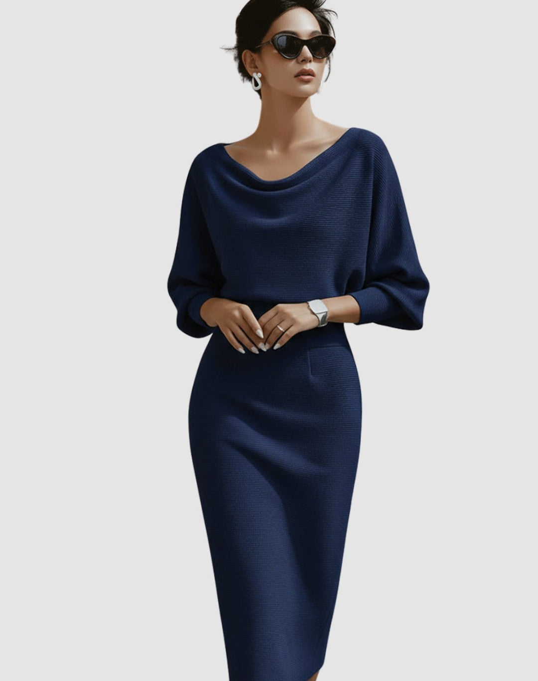 Women's Cowl-Neck Batwing Midi Dress Knit Pencil Silhouette