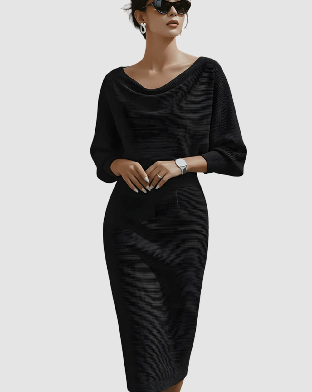 Women's Cowl-Neck Batwing Midi Dress Knit Pencil Silhouette