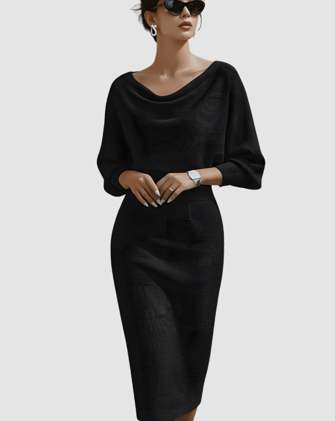 Women's Cowl-Neck Batwing Midi Dress Knit Pencil Silhouette