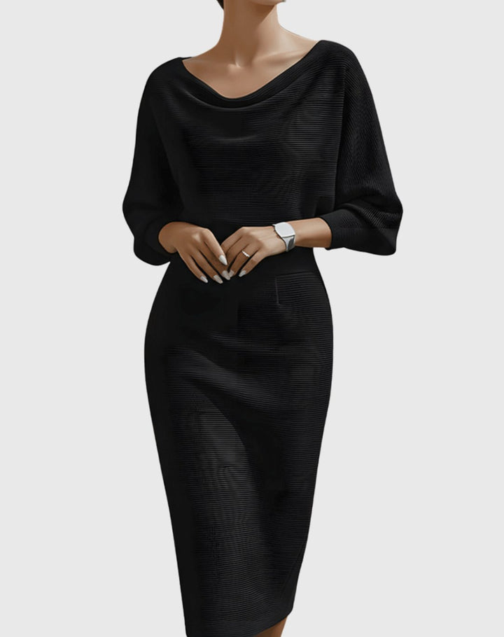 Women's Cowl-Neck Batwing Midi Dress Knit Pencil Silhouette - Black