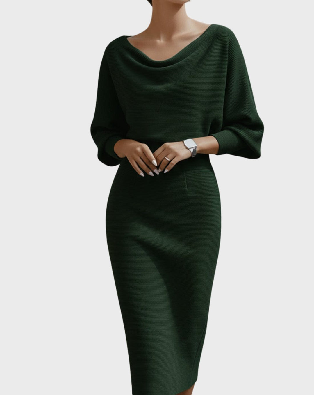 Women's Cowl-Neck Batwing Midi Dress Knit Pencil Silhouette