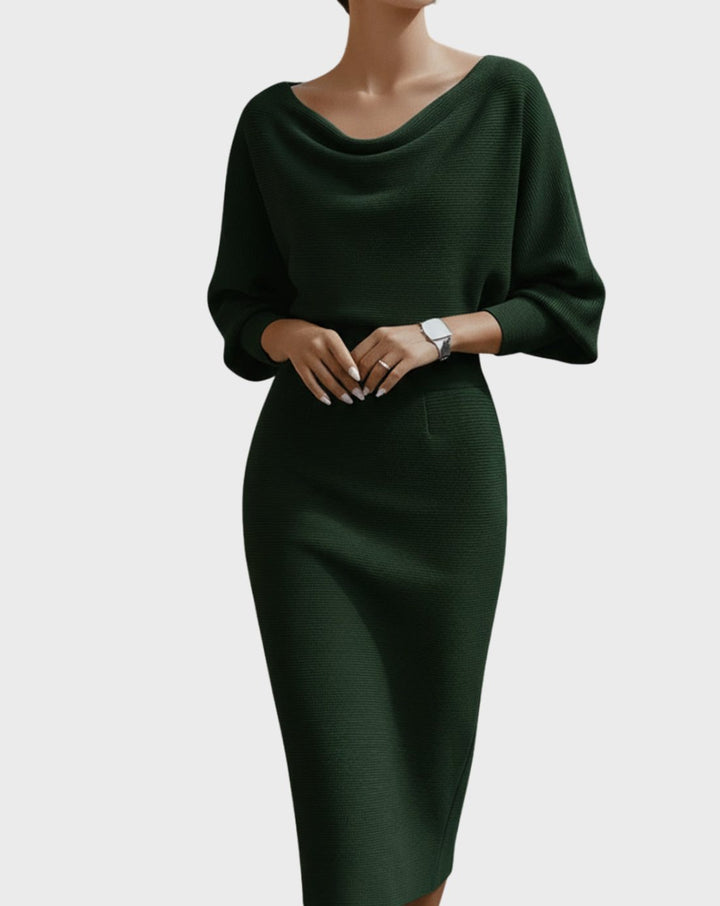 Women's Cowl-Neck Batwing Midi Dress Knit Pencil Silhouette