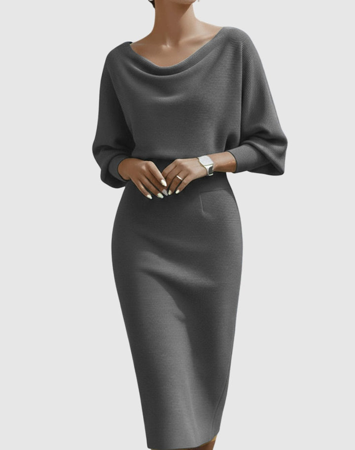 Women's Cowl-Neck Batwing Midi Dress Knit Pencil Silhouette - Grey