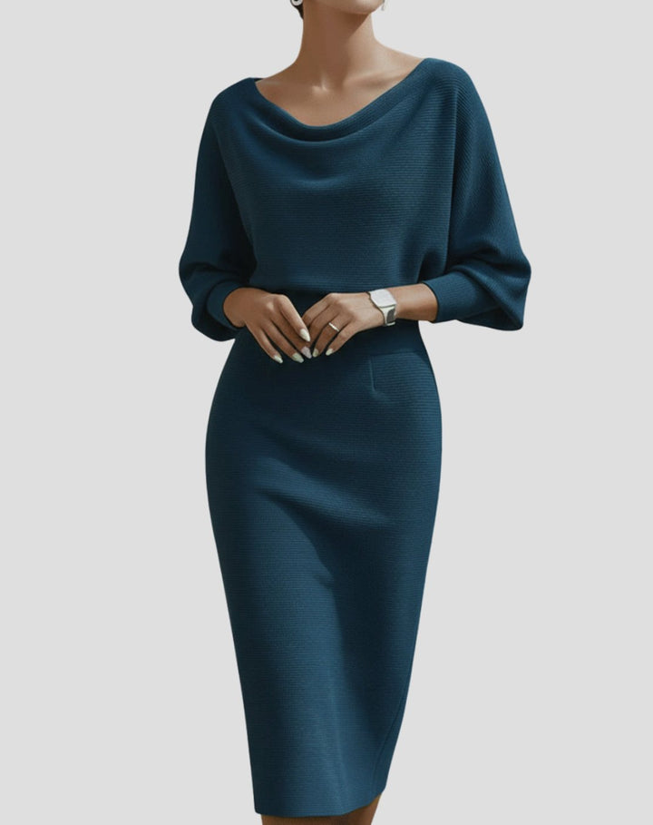 Women's Cowl-Neck Batwing Midi Dress Knit Pencil Silhouette