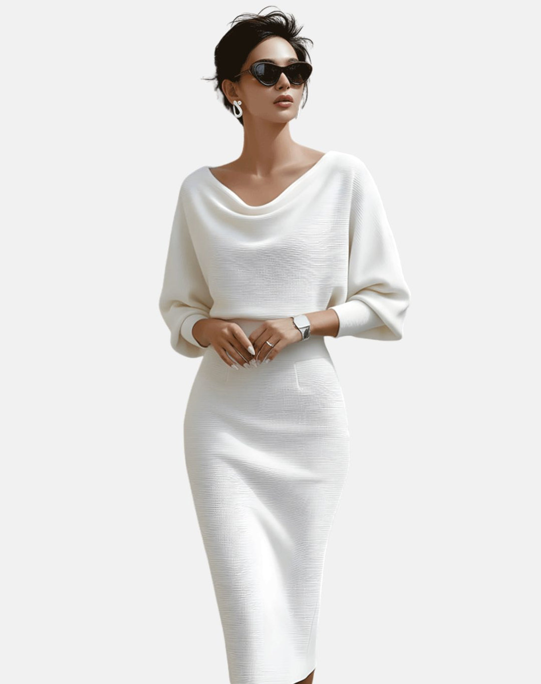 Women's Cowl-Neck Batwing Midi Dress Knit Pencil Silhouette