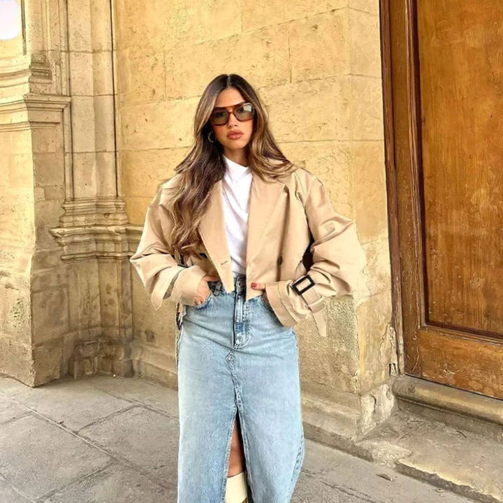 Women's Cropped Belted Trench Coat Long-Sleeve Jacket
