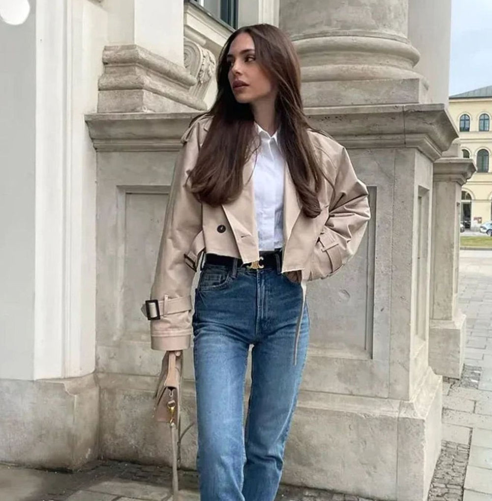 Women's Cropped Belted Trench Coat Long-Sleeve Jacket
