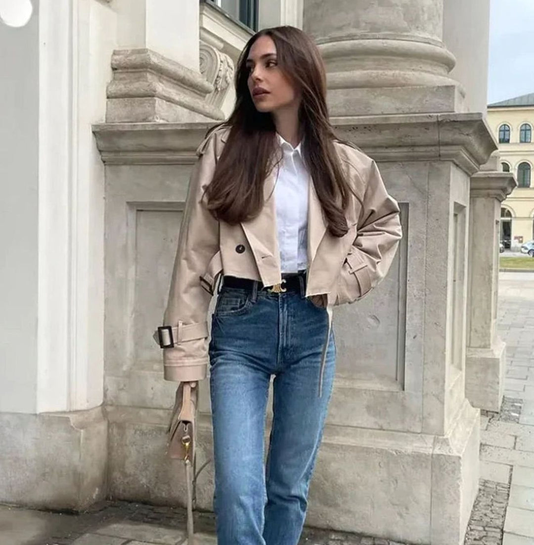 Women's Cropped Belted Trench Coat Long-Sleeve Jacket