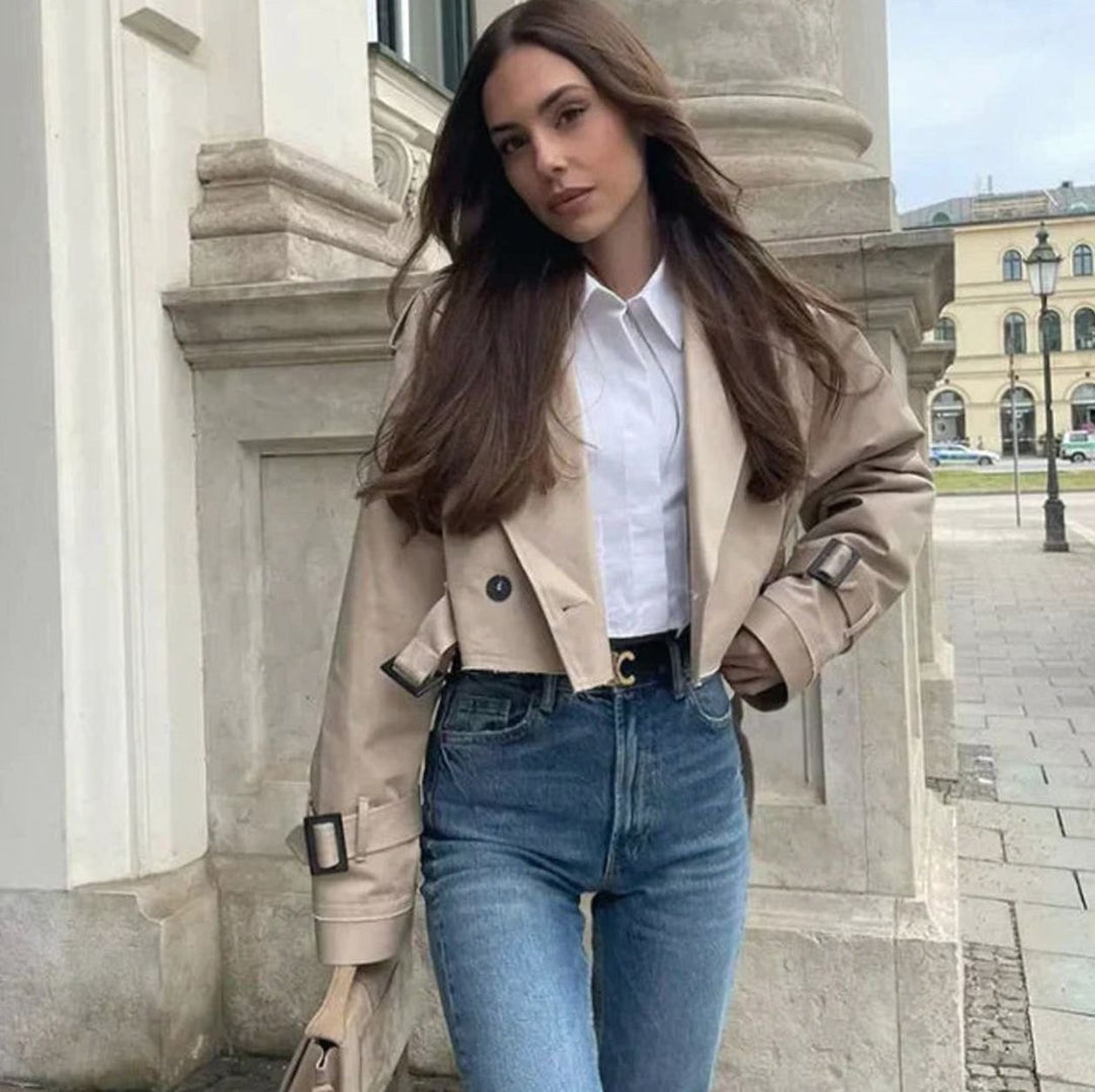 Women's Cropped Belted Trench Coat Long-Sleeve Jacket - Khaki