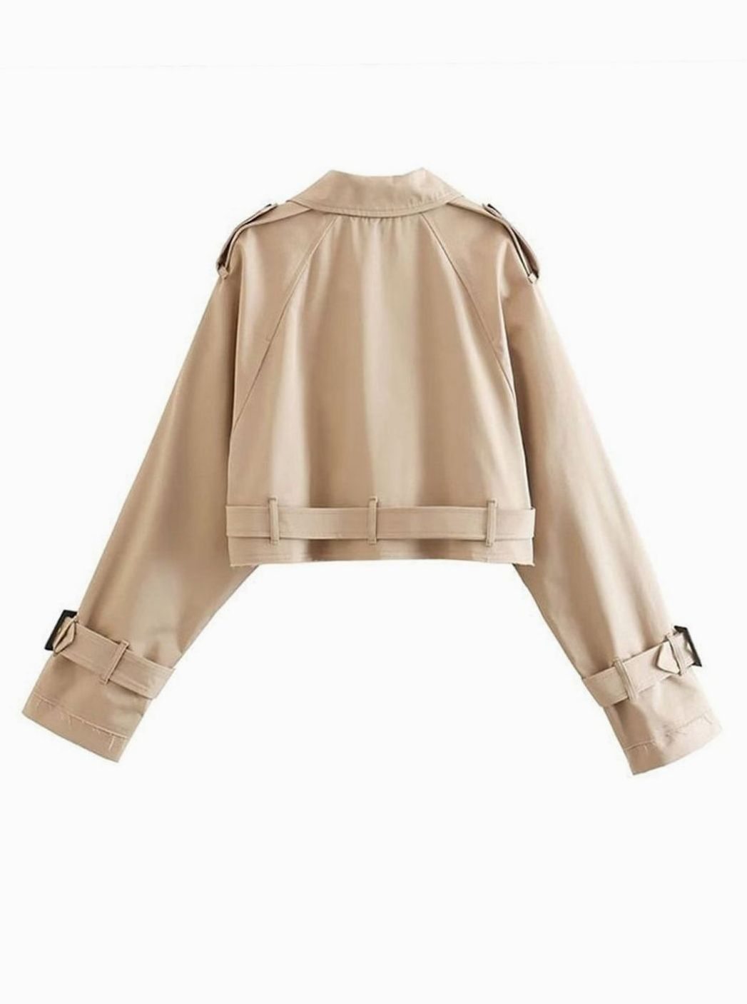 Women's Cropped Cotton Trench Coat Belted Cuffs, Beige