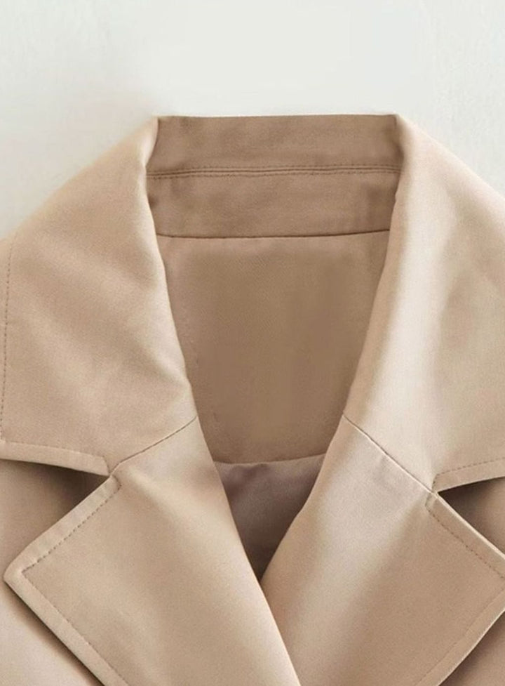 Women's Cropped Cotton Trench Coat Belted Cuffs, Beige