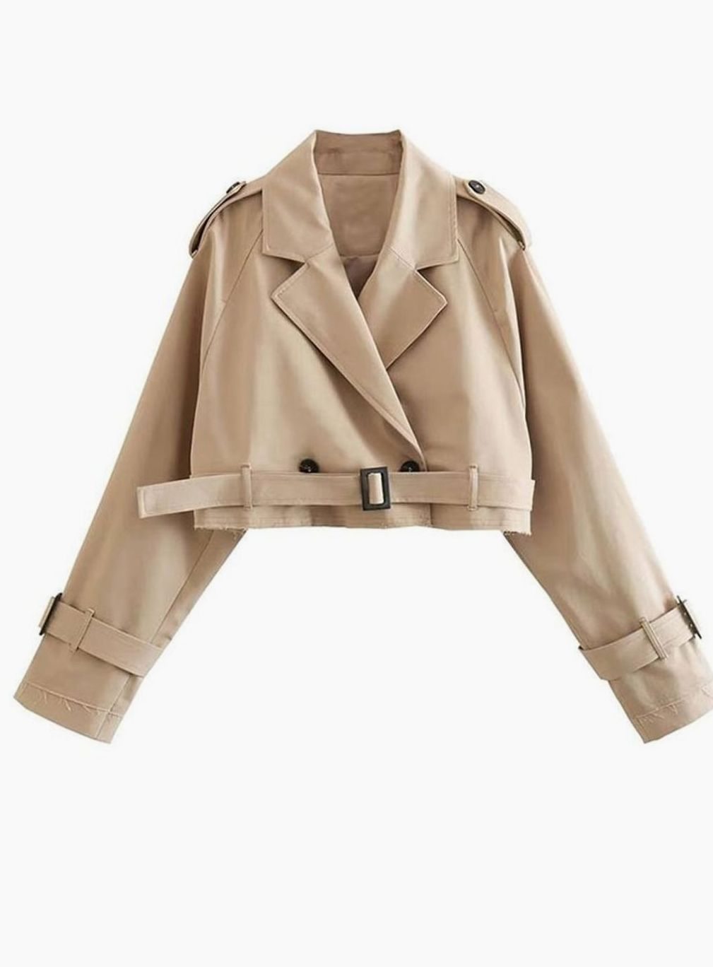 Women's Cropped Cotton Trench Coat Belted Cuffs, Beige - Beige