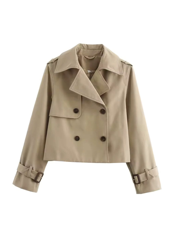 Women's Cropped Double-Breasted Belted Cuff Trench Coat