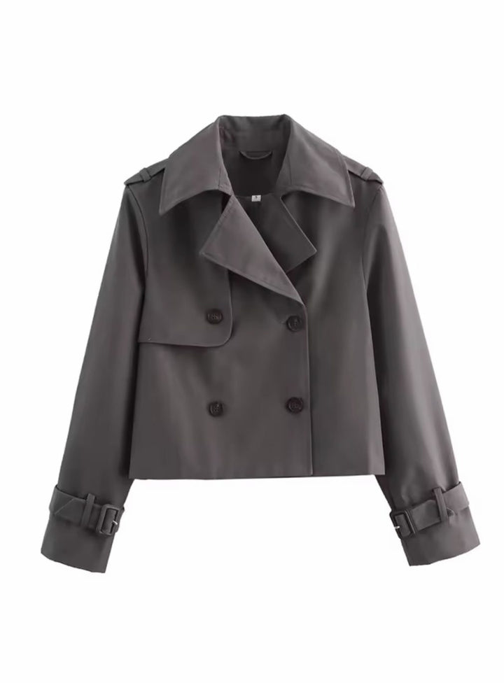 Women's Cropped Double-Breasted Belted Cuff Trench Coat