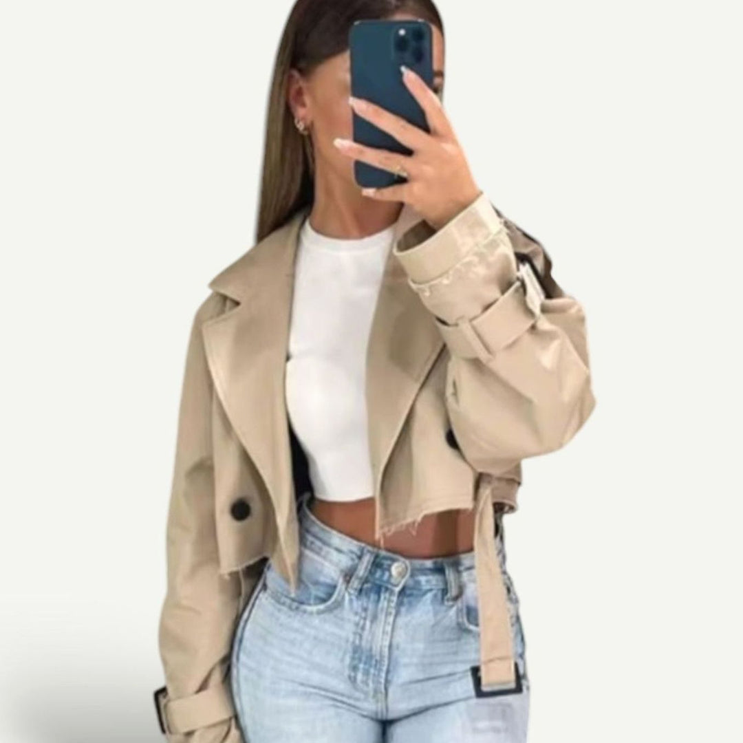 Women's Cropped Double-Breasted Belted Trench Coat, Beige - Beige