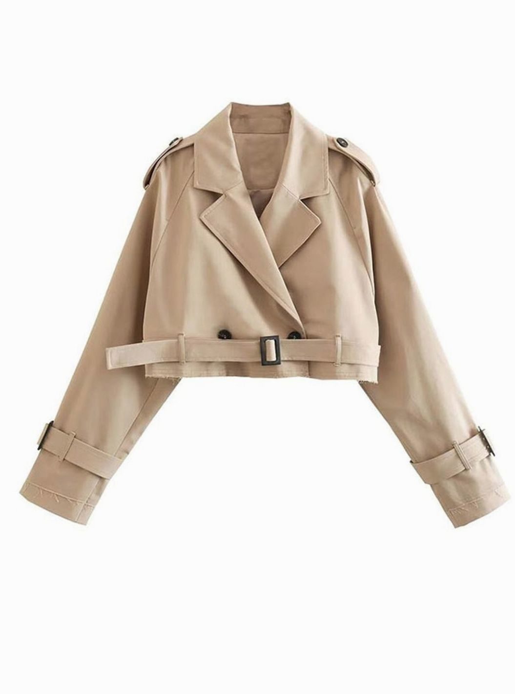 Women's Cropped Double-Breasted Belted Trench Coat, Beige - Beige