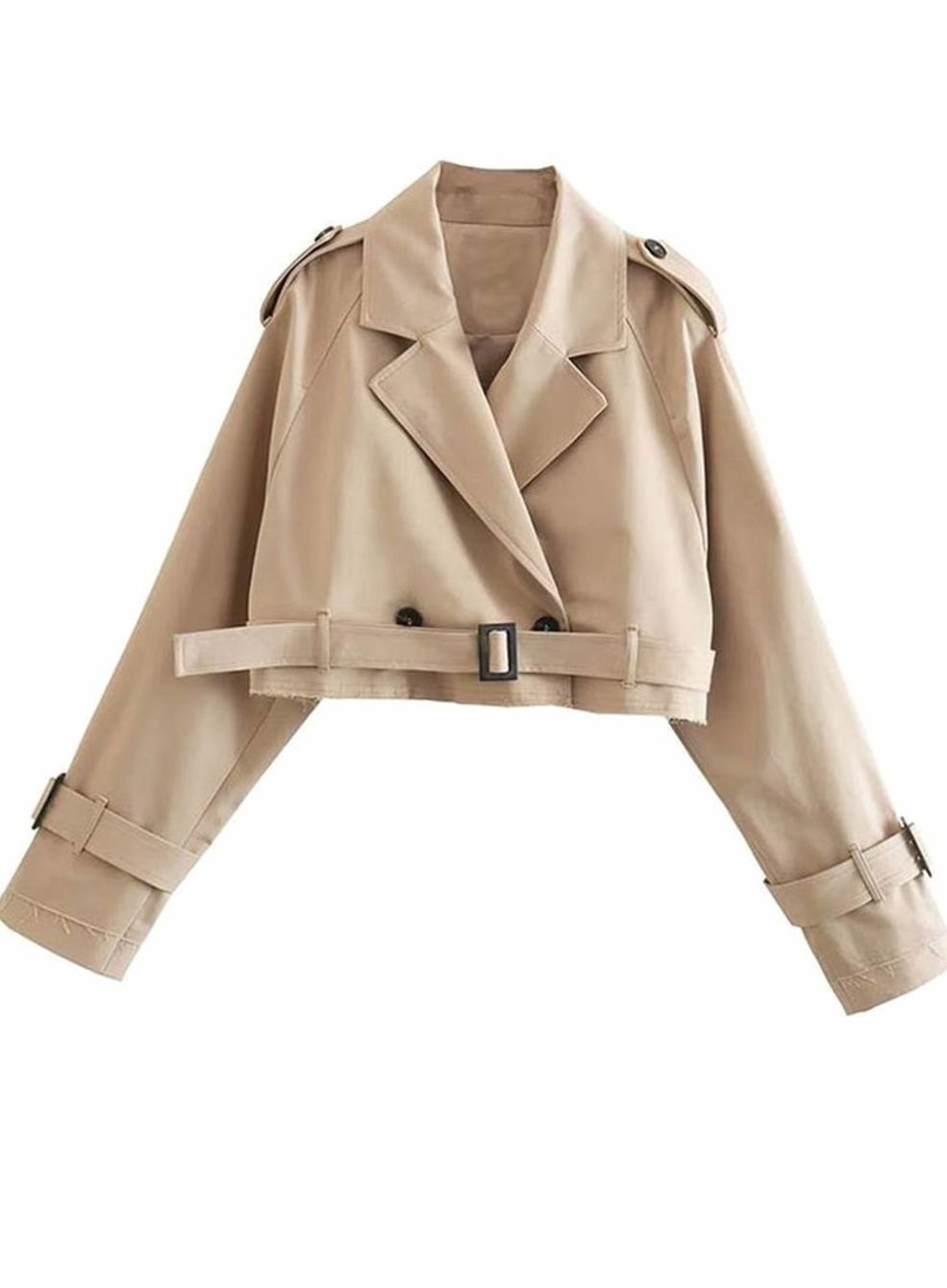 Women's Cropped Double-Breasted Belted Trench Coat Trenchcoat - Beige