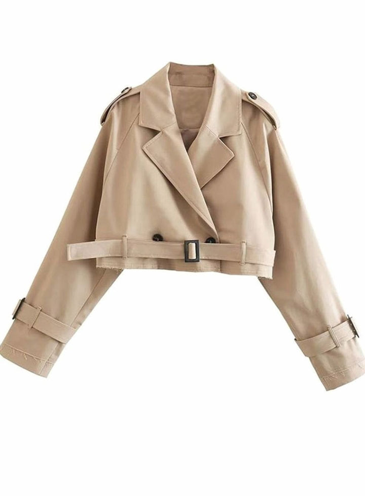 Women's Cropped Double-Breasted Belted Trench Coat Trenchcoat - Beige