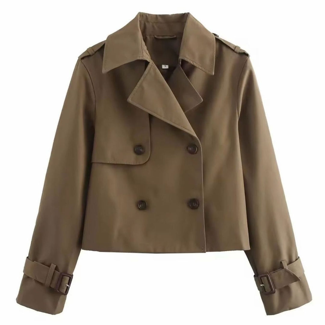 Women's Cropped Double-Breasted Trench Coat Buckle-Cuff Jacket - Brown