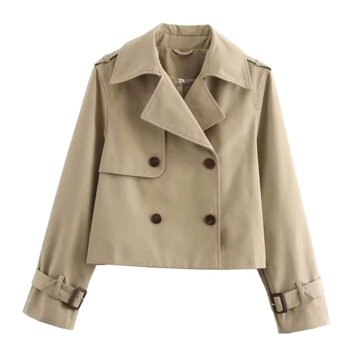 Women's Cropped Double-Breasted Trench Coat Buckle-Cuff Jacket - Beige