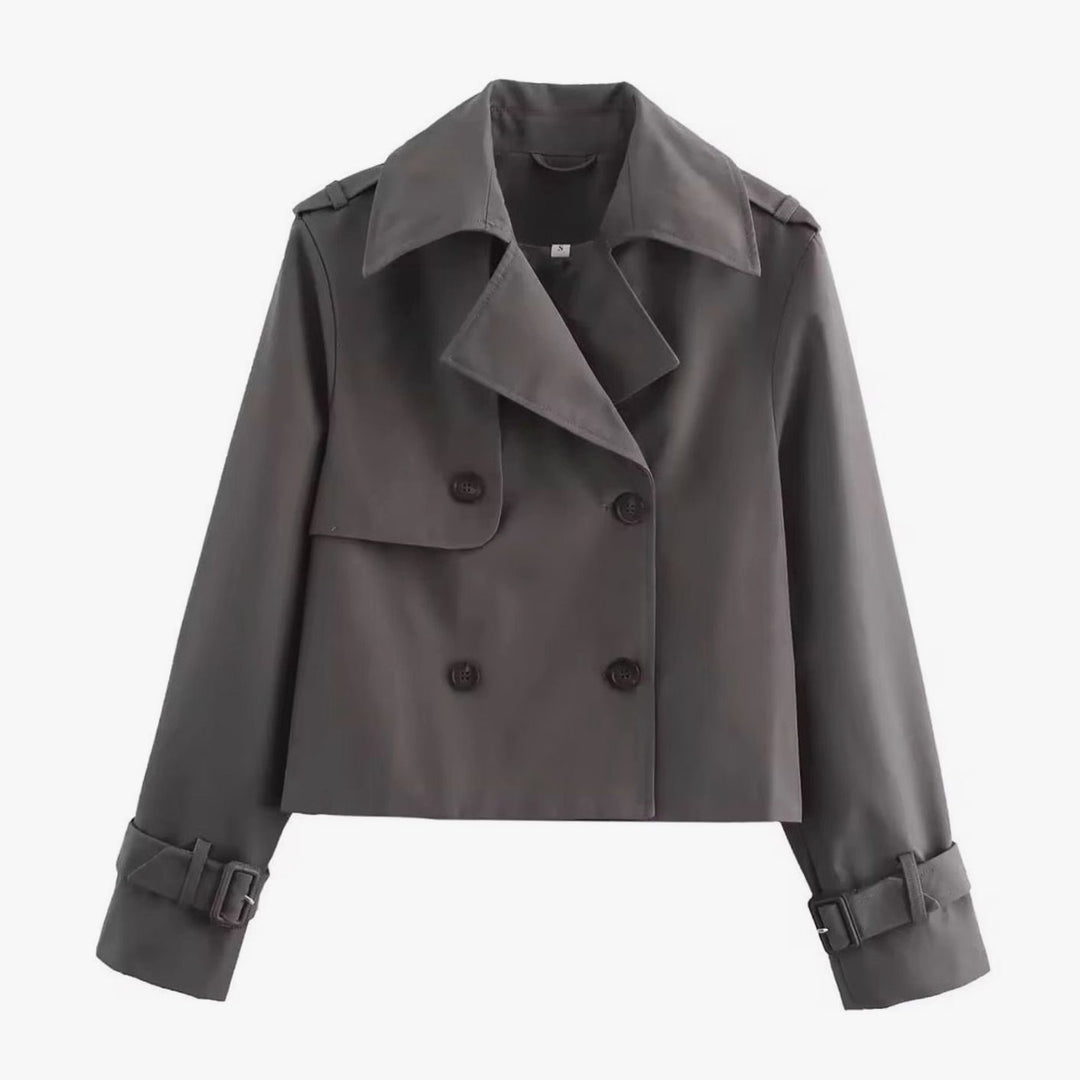 Women's Cropped Double-Breasted Trench Coat Buckle-Cuff Jacket - Grey