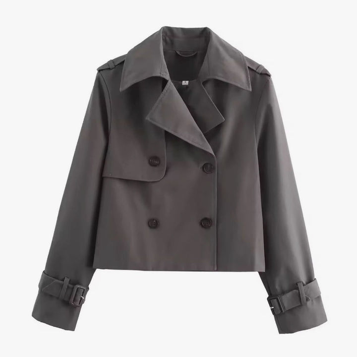 Women's Cropped Double-Breasted Trench Coat Buckle-Cuff Jacket - Grey