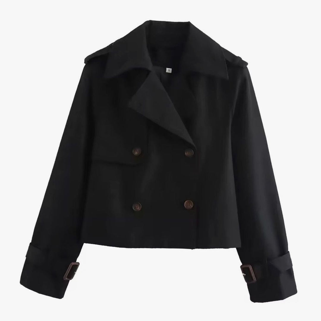 Women's Cropped Double-Breasted Trench Coat Buckle-Cuff Jacket - Black