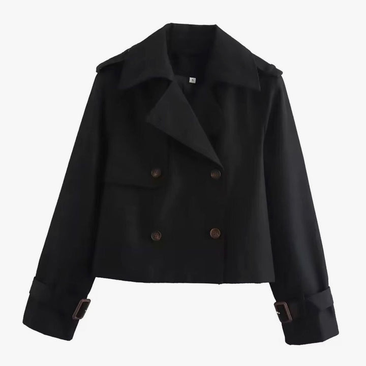 Women's Cropped Double-Breasted Trench Coat Buckle-Cuff Jacket - Black