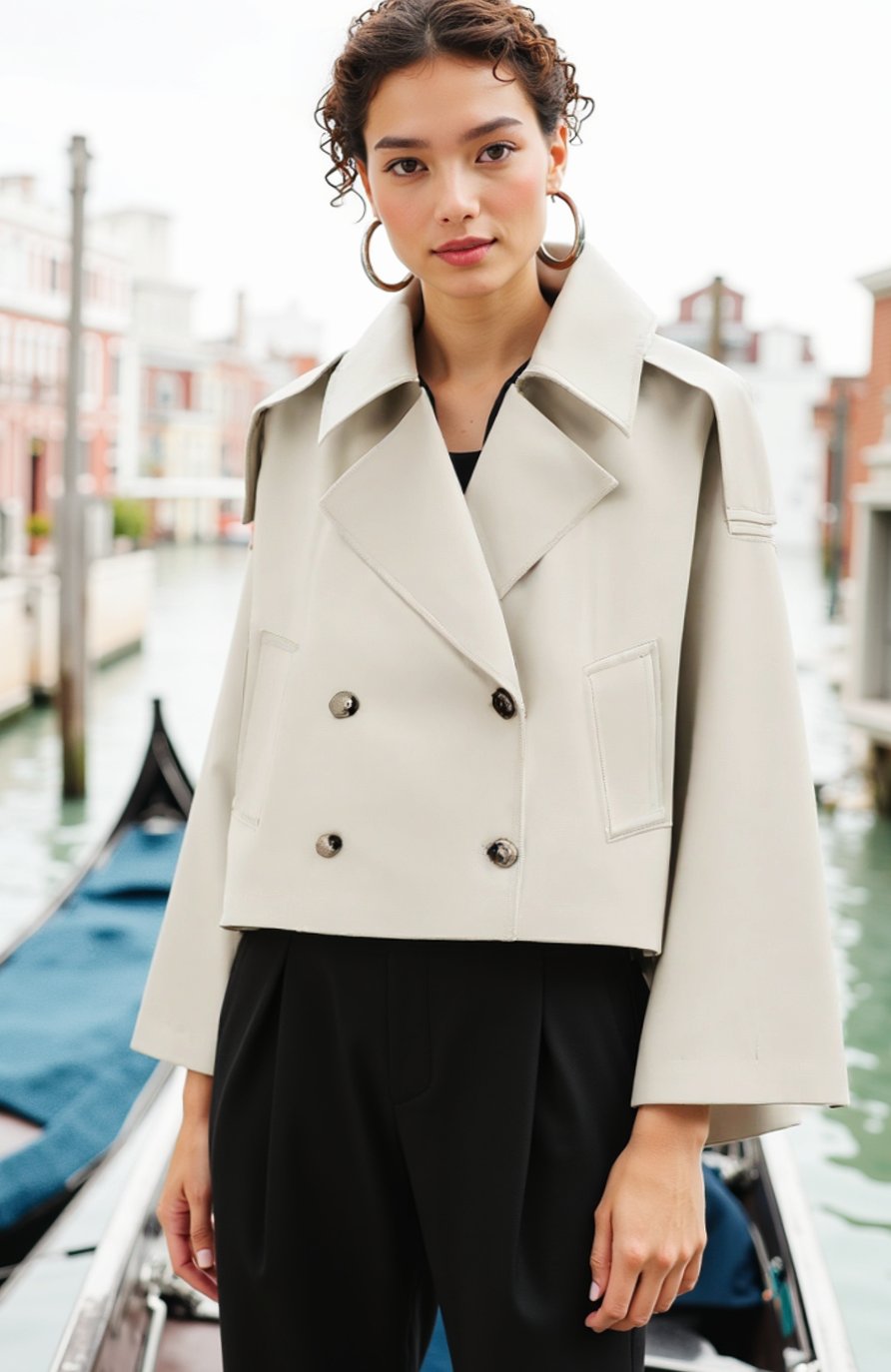 Women's Cropped Double-Breasted Trench Coat, Cream - Cream