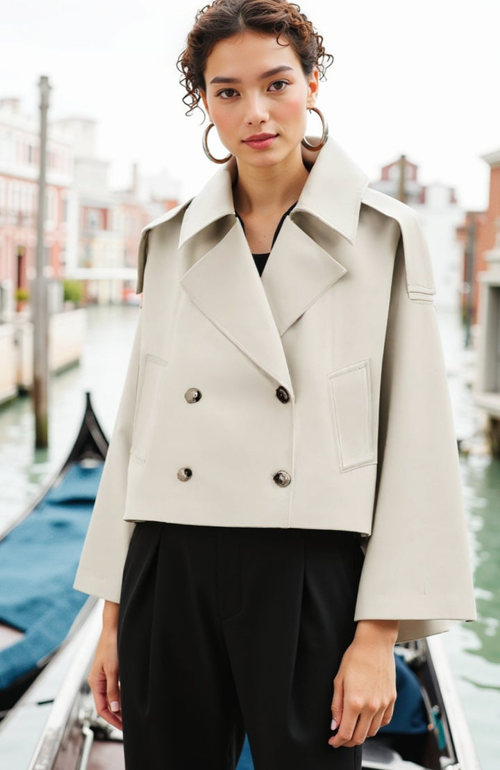 Women's Cropped Double-Breasted Trench Coat, Cream - Cream