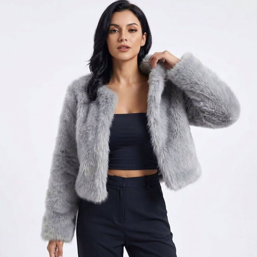 Women's Cropped Faux Fur Cardigan Jacket - Grey