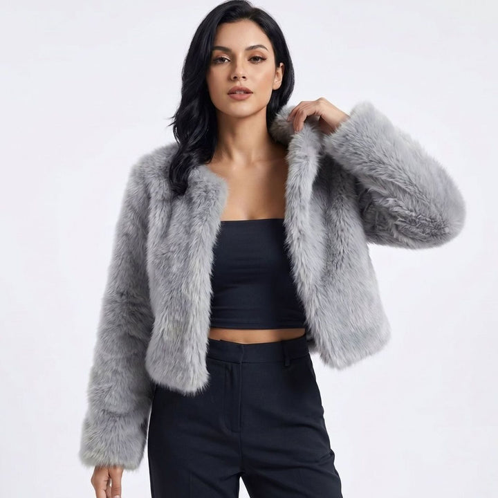 Women's Cropped Faux Fur Cardigan Jacket - Grey