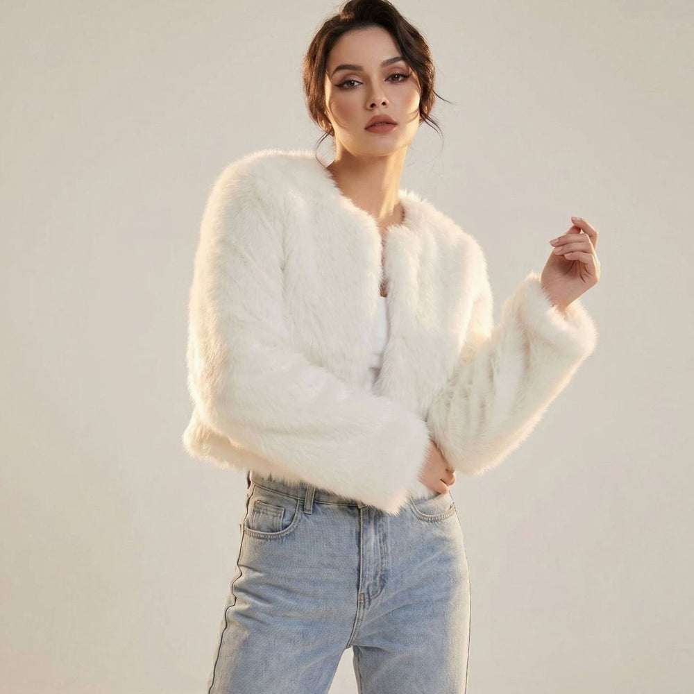 Women's Cropped Faux Fur Cardigan Jacket - White