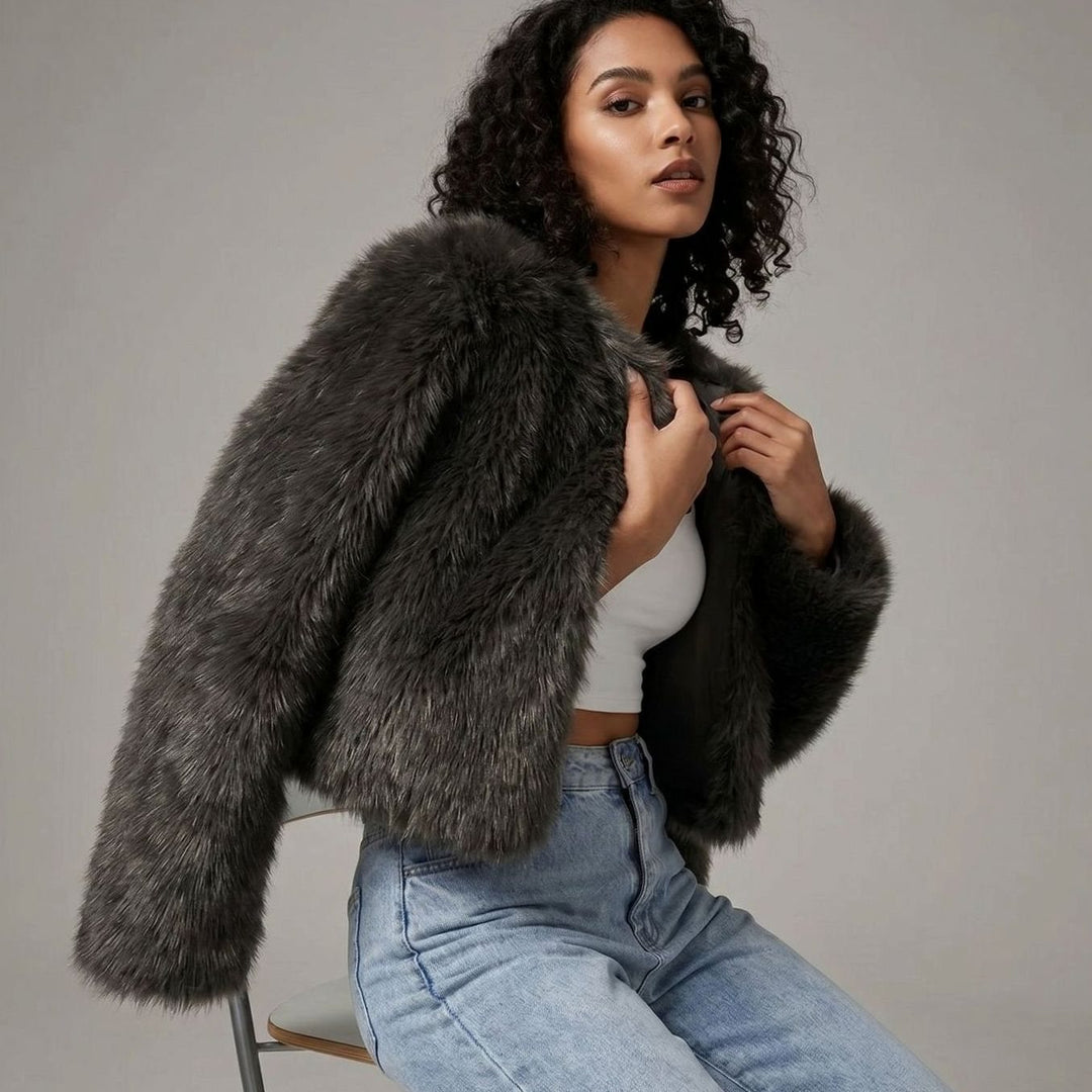 Women's Cropped Faux Fur Cardigan Jacket - Black